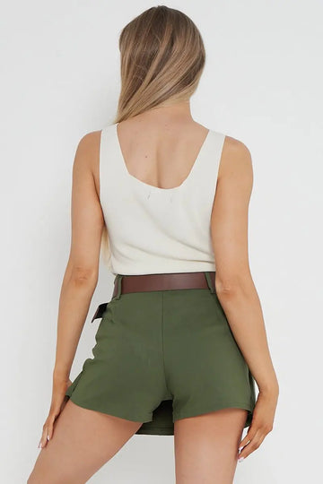 KATCH ME Khaki Casual Belt Decor Shorts Shorts